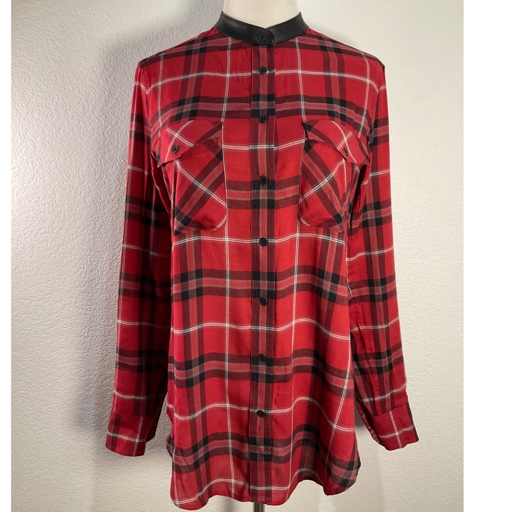Vince Red Plaid Shirt Dress‎ with Leather Trim | Size 4